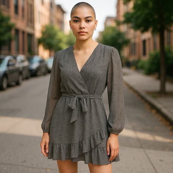 1.STATE Long Sleeve Ruffle Hem Wrap Dress Black/White Dot Pattern Size 8 - Picture 1 of 6